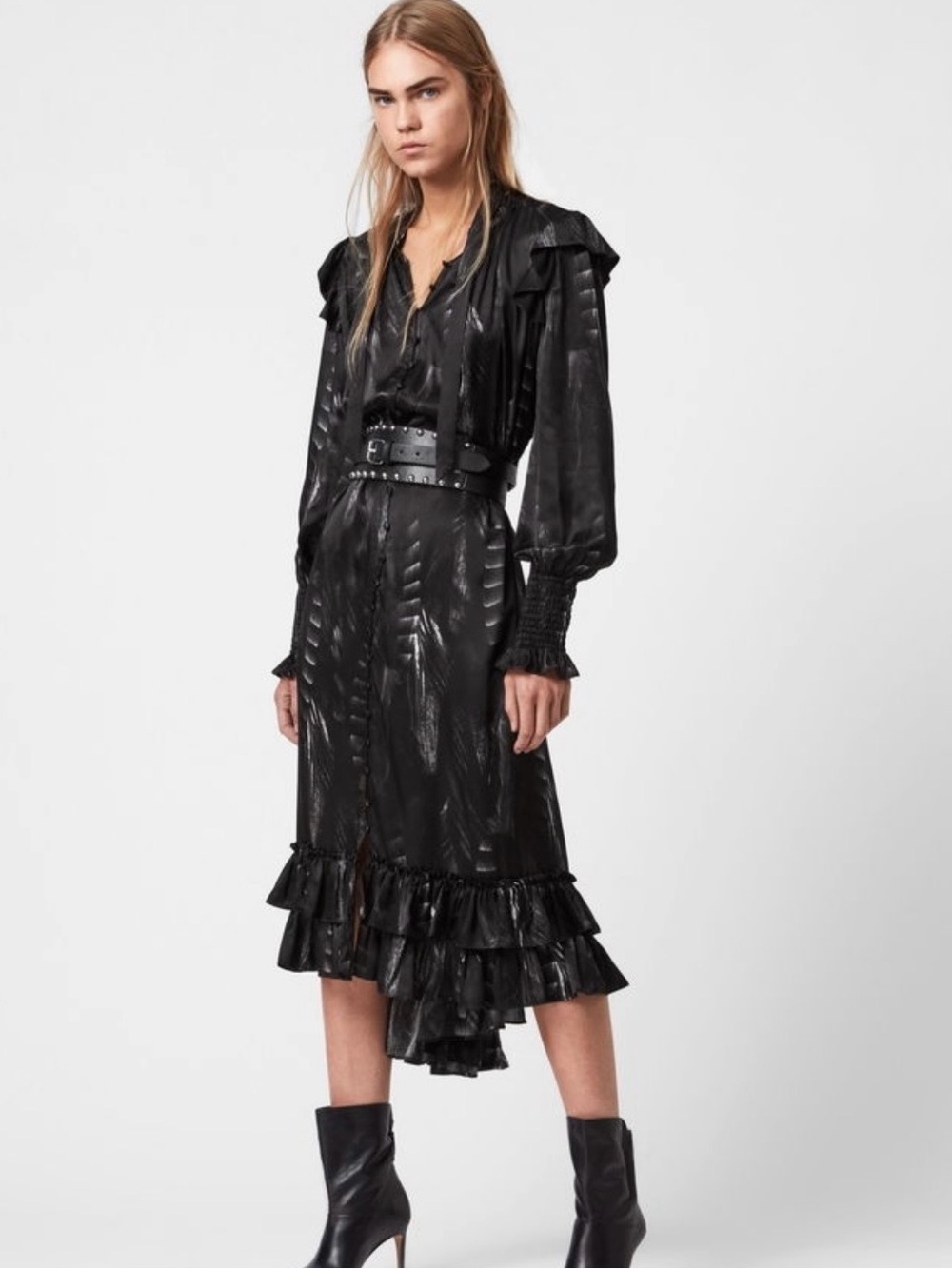 All Saints Lara Silk Viola Ruffle Feathered Print MIDI Dress $398 - Picture 4 of 11